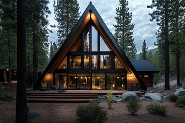 Fototapeta premium A modern A-frame cabin surrounded by tall trees, featuring large windows that illuminate the space against a moody, twilight backdrop.