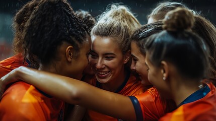 Diverse women's sports team huddled in a circle before a game, showing teamwork and camaraderie on the field