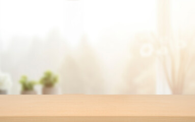 Empty of wood table top on blur of white clean  abstract and blur interior background with bokeh.used for display or montage your products. banner.