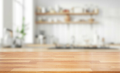 Empty of wood table top on blur of white clean  abstract and blur interior background with bokeh.used for display or montage your products. banner.