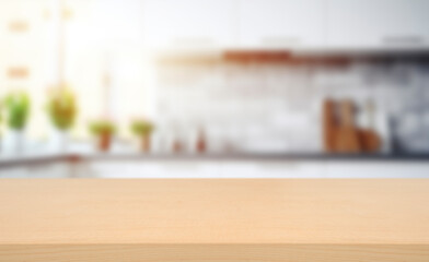 Empty of wood table top on blur of white clean  abstract and blur interior background with bokeh.used for display or montage your products. banner.