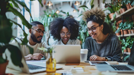 Multiracial diverse coworkers using tablet device on creative office - College students with laptop while sitting at table - Group study for school assignment