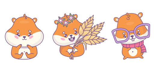 Cute cartoon hamsters. Rodent girl with ears of wheat, shy kid animal and character in glasses and scarf. Isolated funny kawaii character. Vector illustration. Kids collection
