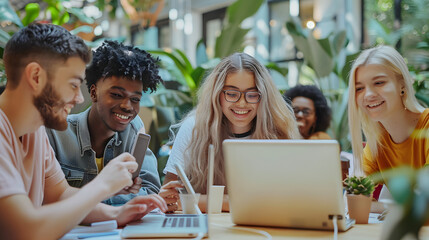 Multiracial diverse coworkers using tablet device on creative office - College students with laptop while sitting at table - Group study for school assignment