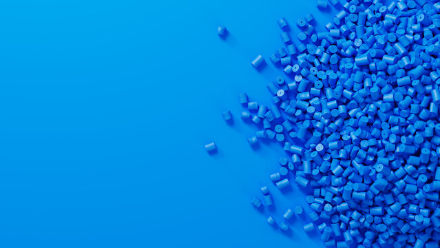 Closeup top view on blue plastic polypropylene granules heap on blue backdrop, masterbatch polymer grain pile. HDPE or PVC resin pellets. 3d render illustration