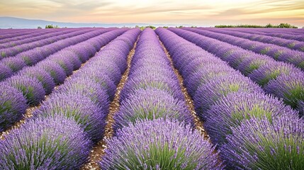 Obraz premium A field of lavender in full bloom at sunset.