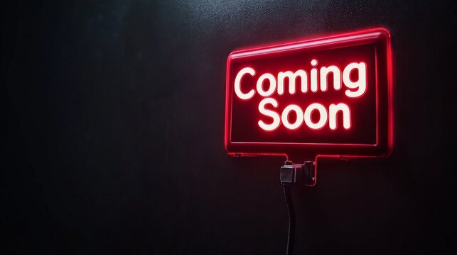 Glowing red neon coming soon sign against dark background for future announcements - Powered by Adobe
