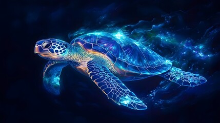 Fototapeta premium A sea turtle with a glowing, iridescent shell that shifts between deep blues and greens, leaving a trail of bioluminescence