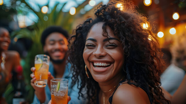 Multiracial group of friends having fun at backyard home party - Young people laughing together drinking cocktails at bar restaurant - Focus on black woman