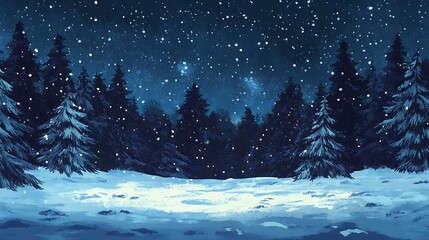 Fototapeta premium Christmas theme snowy weather with pine trees and snow with starry sky above, cold winter chill air