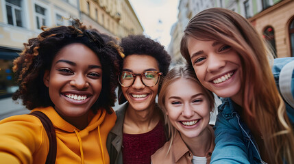 Fototapeta premium Multiracial group of friends taking selfie picture together with smart mobile phone outside - Happy teens walking on city street enjoying weekend activities - Happy people and you