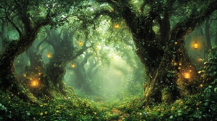 Mysterious green forest with old trees covered in moss, unique illustration of magical jungle