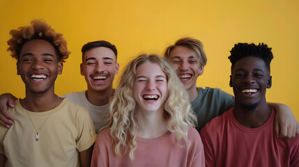 Obraz premium Multiracial group of young people standing in front of yellow isolated background - Youth community concept with guys and girls laughing looking at camera - Bright colors