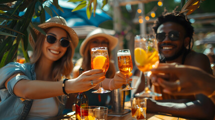 Multiracial happy friends toasting cocktail glasses outdoors at summer vacation - Smiling young people drinking alcohol together sitting at bar table - Beverage life style concept