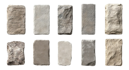 Set of vertical rectangular stone signboards with textured surfaces, isolated on transparent cutout background