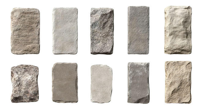 Set of vertical rectangular stone signboards with textured surfaces, isolated on transparent cutout background