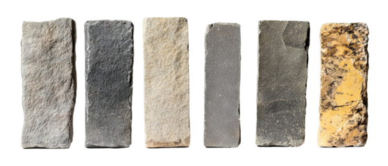 Set of vertical rectangular stone signboards with textured surfaces, isolated on transparent cutout background