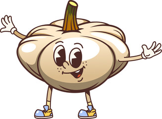 Cartoon groovy squash vegetable character with a big smile and expressive eyes. Isolated vector cheerful, healthy, farm veggie food personage wearing sneakers, waving happily, giving a playful vibe