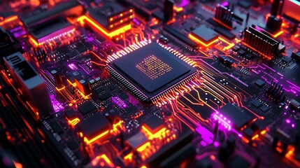 Obraz premium Colorful glowing cpu, inside of computer hardware illustration design with purple and orange theme lights, digital technological design