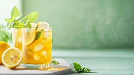 Fototapeta premium Refreshing iced tea with lemon and basil in a glass.
