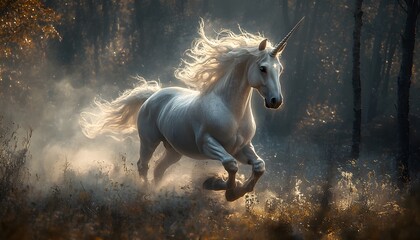 Naklejka premium A unicorn with a pearlescent, spiraled horn and a flowing silver mane that glows faintly as it runs through a misty forest