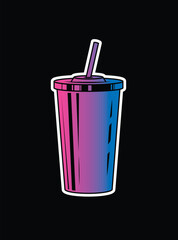 Fast food plastic cup with straw. Hot or cold drink. Original vector illustration in vintage style.