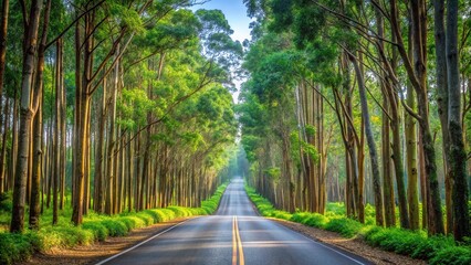 Obraz premium Countryside asphalt road surrounded by rubber and eucalyptus trees, with selective focus