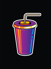 Fast food plastic cup with straw. Hot or cold drink. Original vector illustration in vintage style.