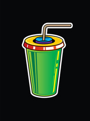 Fast food plastic cup with straw. Hot or cold drink. Original vector illustration in vintage style.