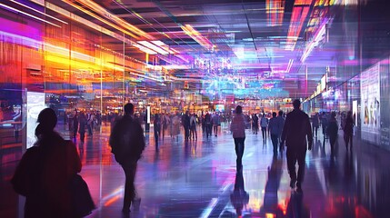 Time lapse of people walking, fast colorful lines of motion illustrated around people moving in random ways