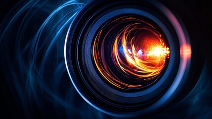 Obraz premium Camera Lens, Aperture, Techno, Spiral Light Effect, Dark Background, Cool, Premium, High Quality, 8k Image Quality 
