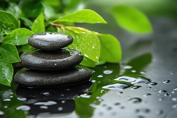 Spa still life with zen stone and green leaves