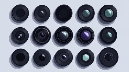 Camera lens icon collection in flat design, black camera lens symbols.