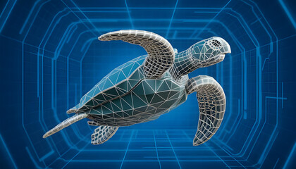 Abstract swimming sea turtle in polygons on technology blue background. Low poly wire frame marine life concept. Polygonal 3D vector illustration. High resolution