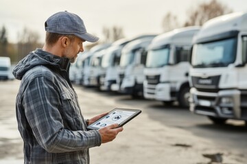 Logistics Professional Checks Phone in Front of Trucks at Distribution Center