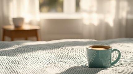 Coffee cup on a cozy bed with natural light