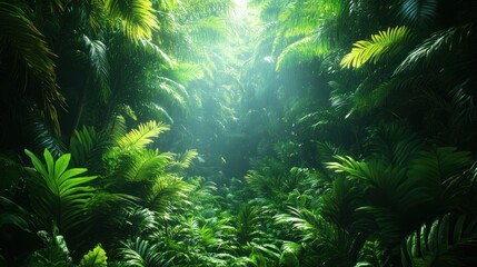 Lush green forest with sunlight filtering through dense foliage.
