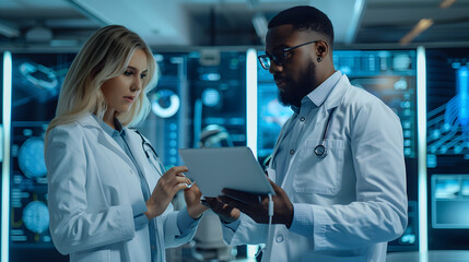 Obraz premium Portrait of Two Creative Young Female and Male Engineers Using Tablet Computer to Analyze and Discuss How to Proceed with the Artificial Intelligence Software. Standing in High