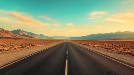 Long asphalt road passing through beautiful desert surrounded with mountains around and blue cloudy sky