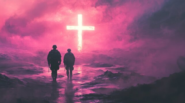Dreamlike scene with soldier silhouettes walking toward a glowing