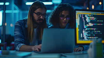 Portrait of Two Diverse Developers Using Laptop Computer, Discussing Lines of Code that Appear on Big Screens Surrounding Them. Male and Female Programmers Creating Software Toget