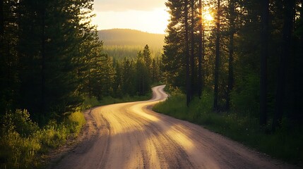 Obraz premium Forest landscape road surrounded by trees on two side of the old dirt road and mountains with sun in background