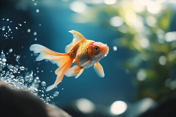 Goldfish leaps out of the aquarium