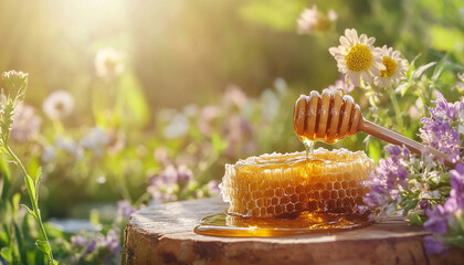 wooden Honey comb for loaded honey in beautiful garden generated by AI