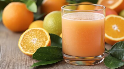 Fresh orange juice with oranges on a wooden table.