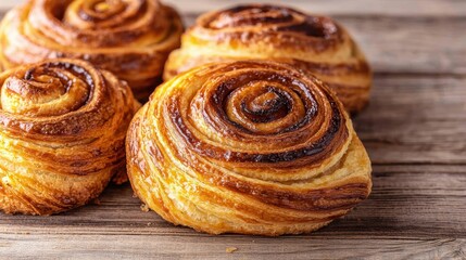 Fototapeta premium Freshly baked cinnamon rolls on wooden surface