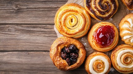 Fototapeta premium Freshly baked sweet rolls on a wooden table.