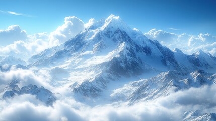 Naklejka premium Majestic snow-capped mountain towering above clouds in bright sky.