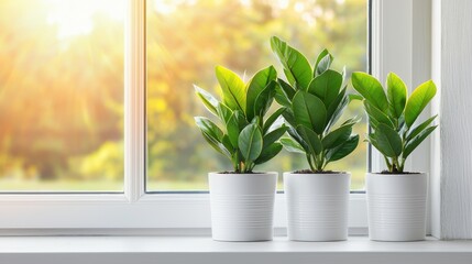 Fototapeta premium Three potted plants on a windowsill with sunlight streaming in.