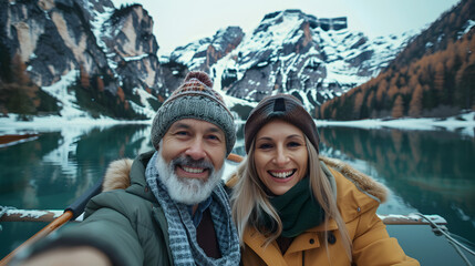 Romantic couple of adults in love taking selfie on a boat visiting an alpine lake at Braies, Italy - Couple, technology, travel and happy lifestyle concept - Cold colours